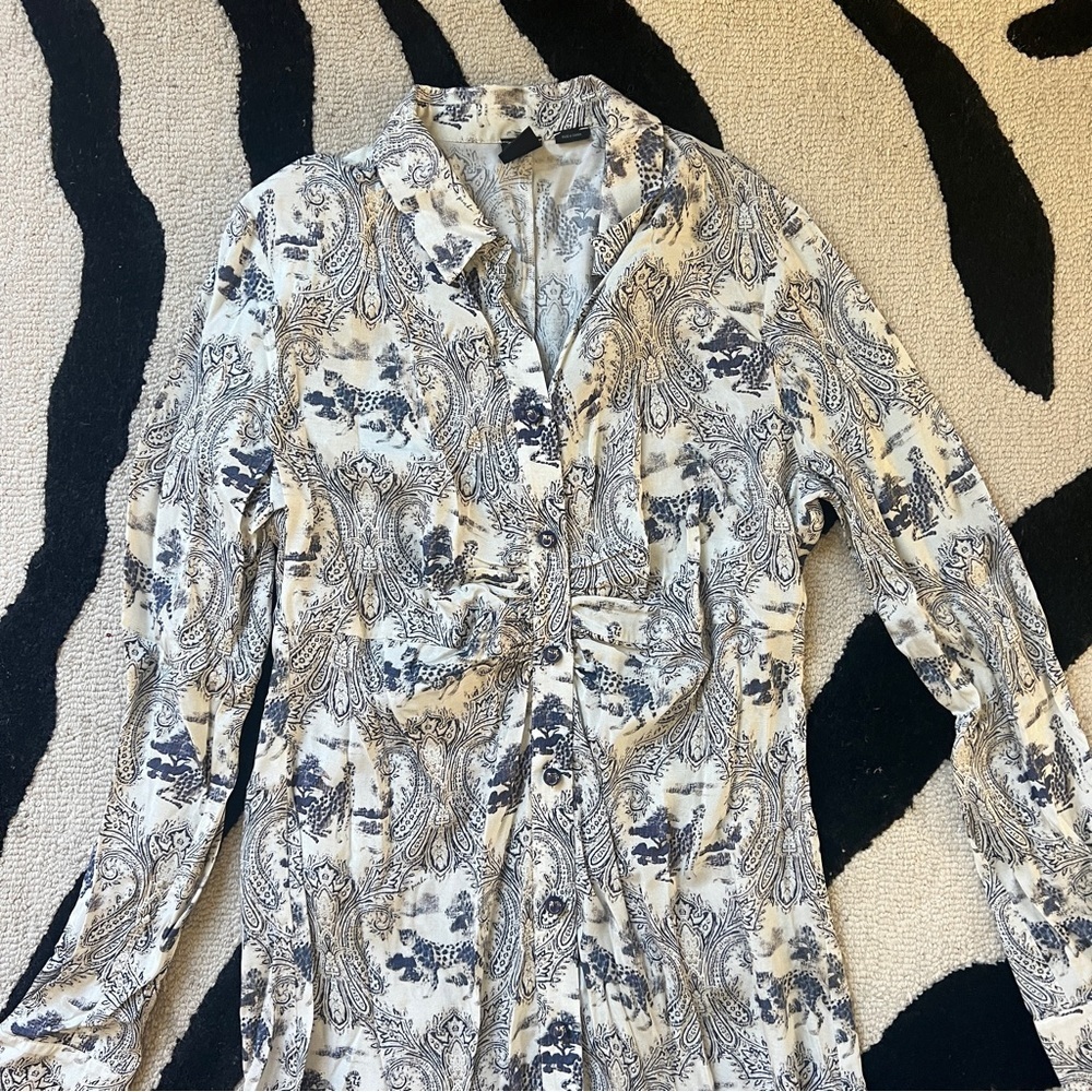 PINKO White Blue Panther Print Long Sleeve Midi Dress - Picture 12 of 16